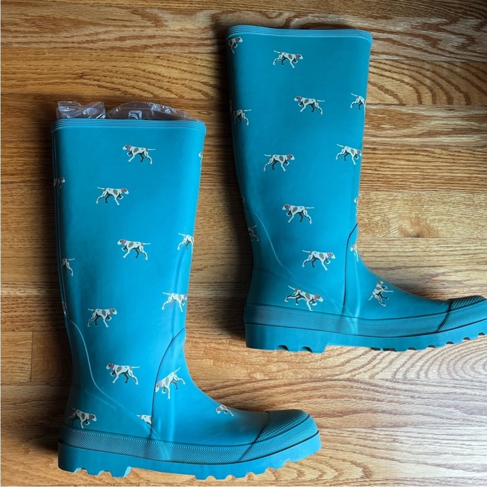 J Crew Hunting Pointer Dog Theme Rain Boots Size 10 Pull On Rubber Welleys